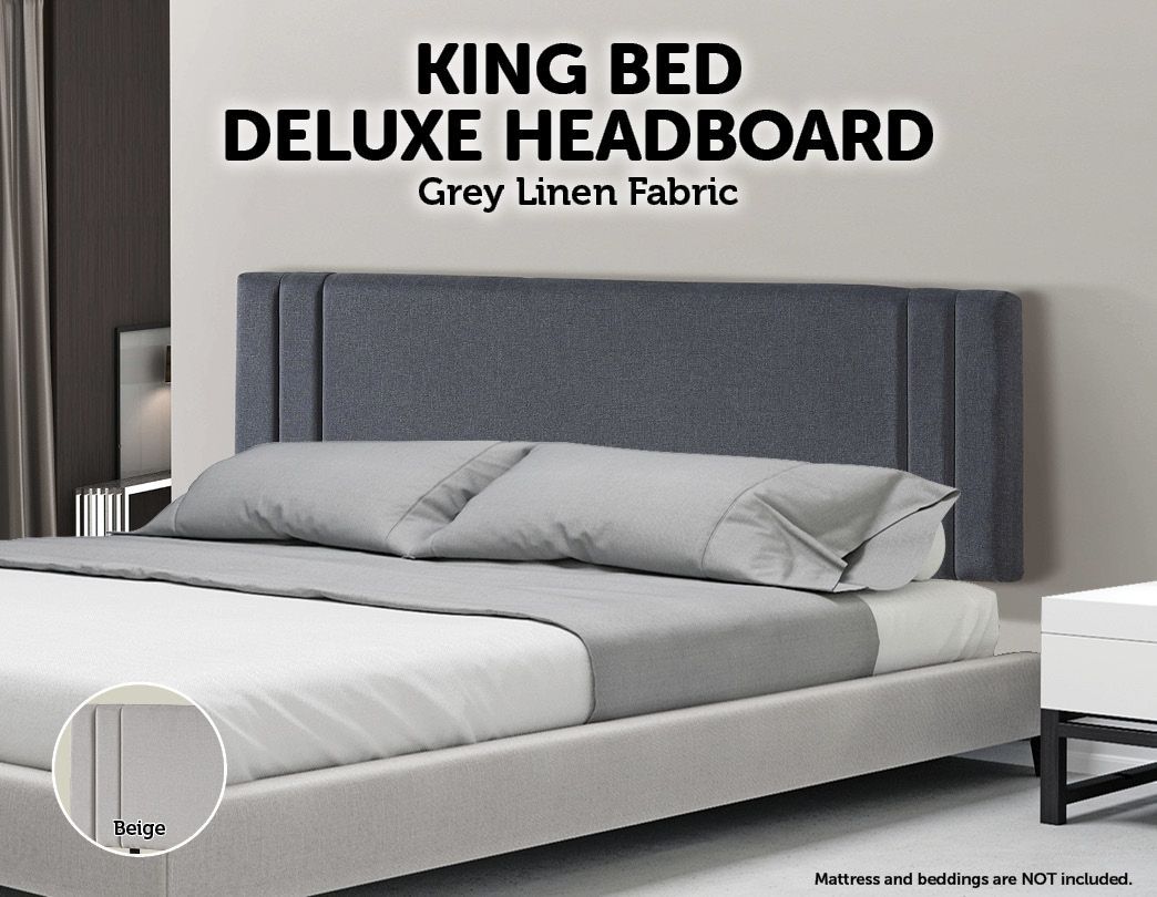 Bedroom Linen Fabric King Bed Deluxe Headboard Bedhead - Grey