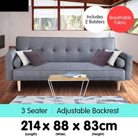 Madison 3 Seater Linen Sofa Bed Couch with Pillows - Dark Grey