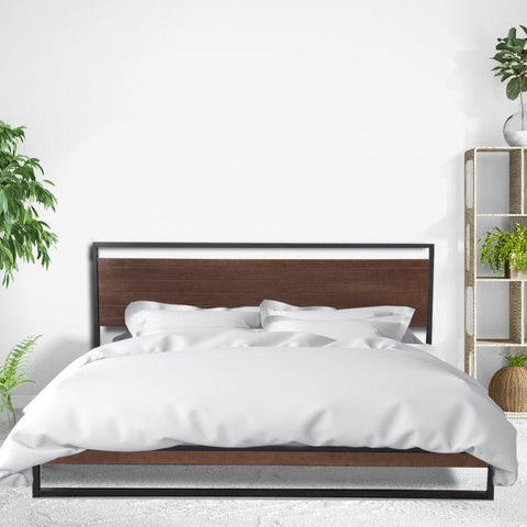 Neutral wood and steel design Bed Frame with Headboard Ã¢â‚¬â€œ Black