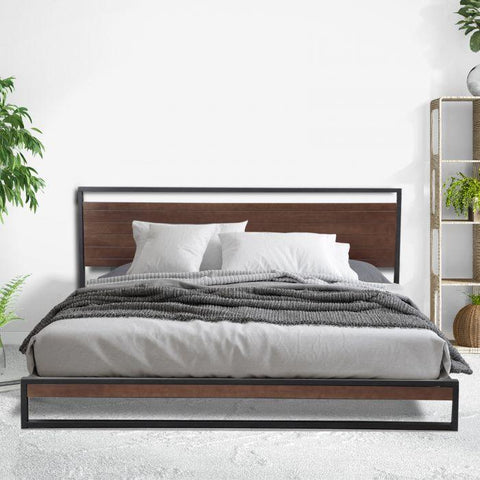 Neutral wood and steel design Bed Frame with Headboard – Black