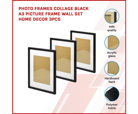 Photo Frames Collage Black A3 Picture Frame Wall Set Home Decor 3Pcs