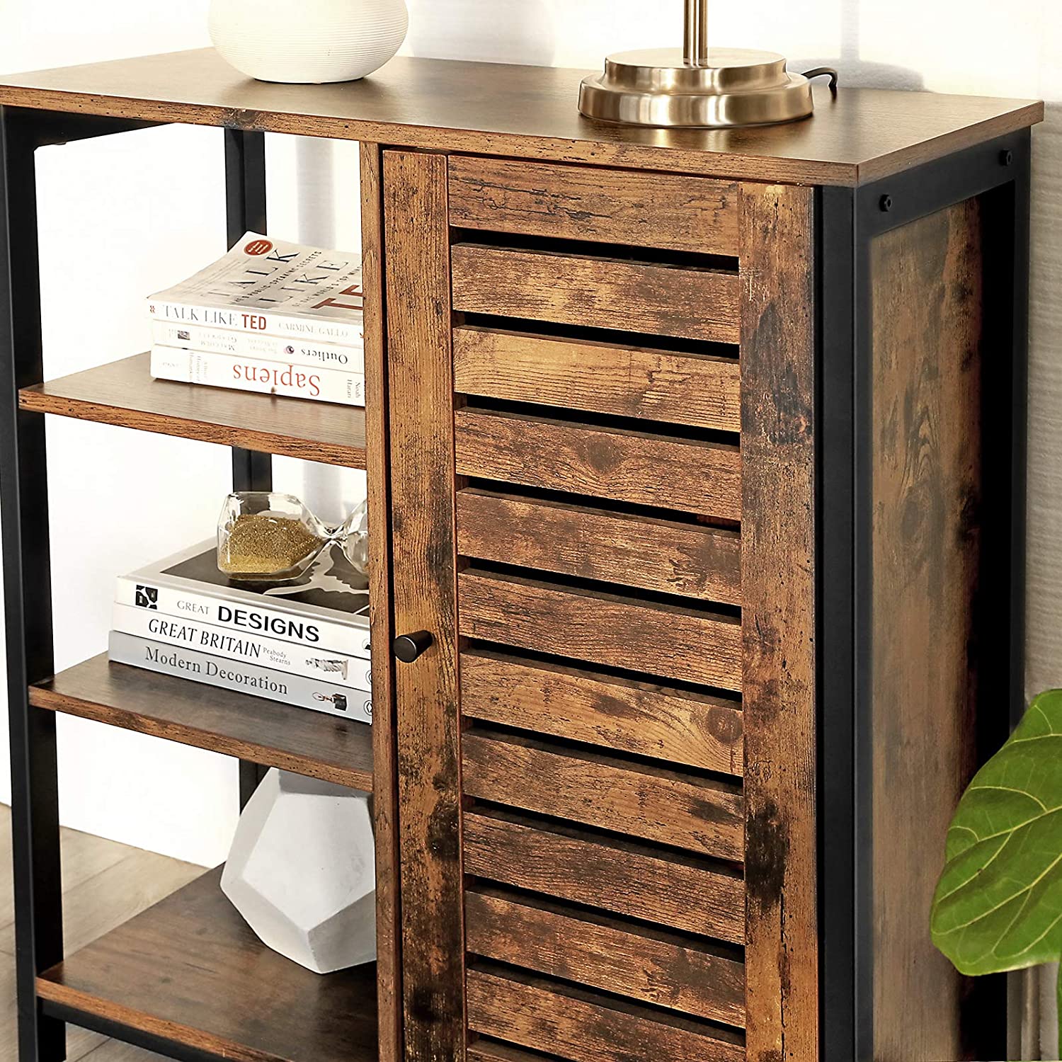 Storage Cabinet With 3 Shelves, Rustic Brown And Black