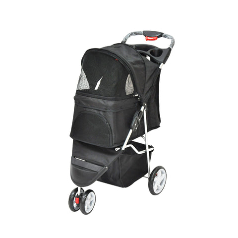 Stylish 3-Wheeled Black Pet Stroller Pram for Dogs or Cats - Folding Travel Buggy Pushchair