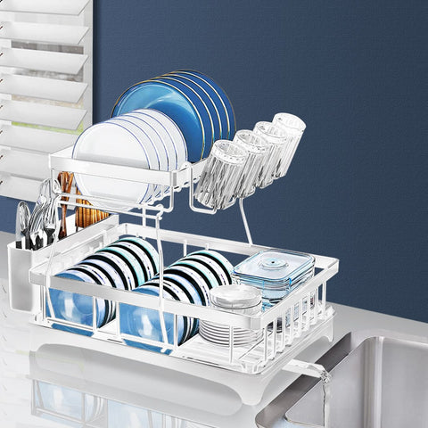 TOQUE Detachable Dish Drying Rack Cutlery Organizer Drainer Board 2 Tier White