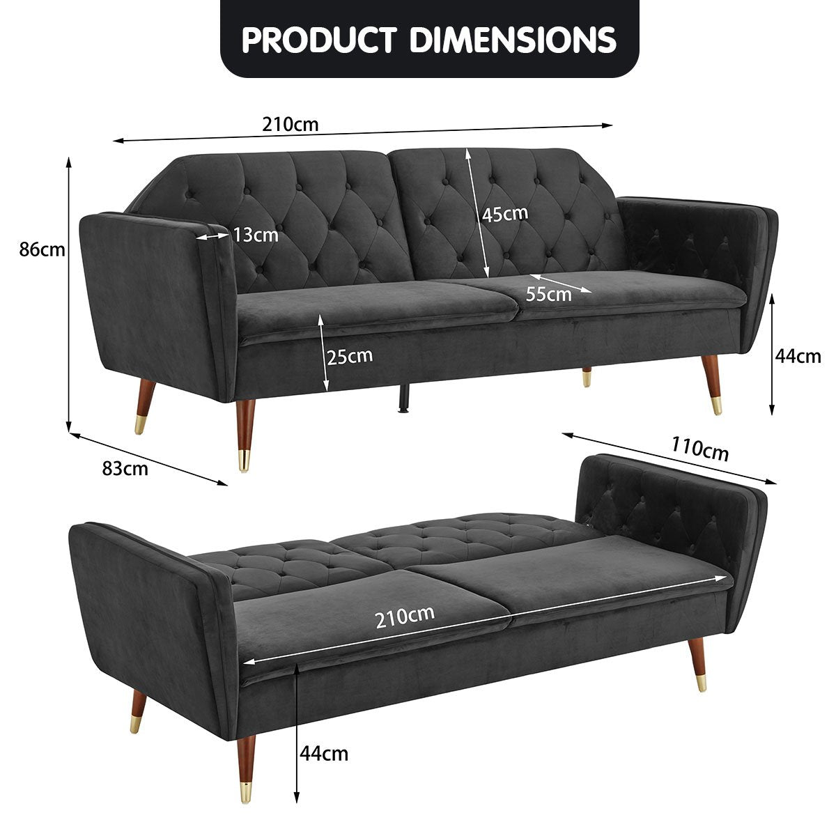 indoor furniture Velvet Tufted Sofa Bed Couch Futon - Black