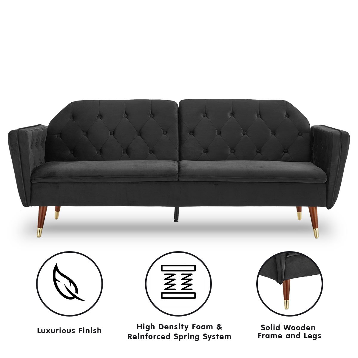 indoor furniture Velvet Tufted Sofa Bed Couch Futon - Black