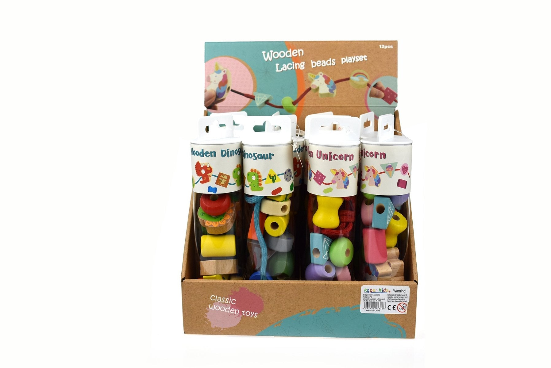 toys for above 3 years above Wooden  Dinosaur Lacing Bead Set In Tube
