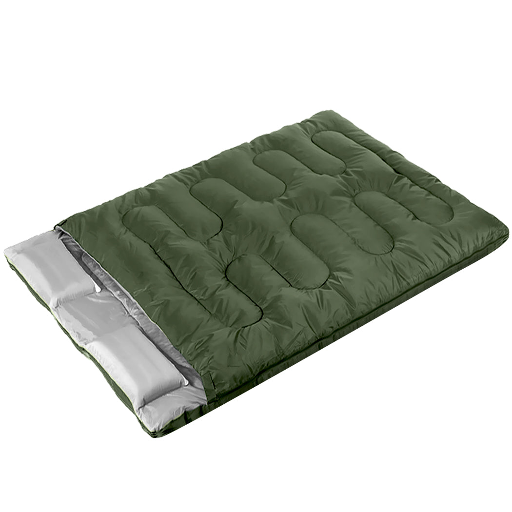 Double Sleeping Bag 2 Person Outdoor Camping Warm Army Green Convertible 0–18°C