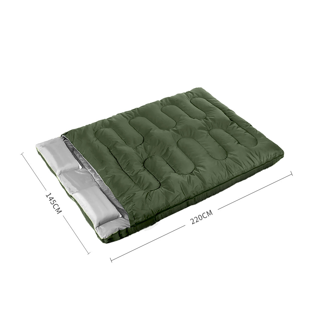 Double Sleeping Bag 2 Person Outdoor Camping Warm Army Green Convertible 0–18°C