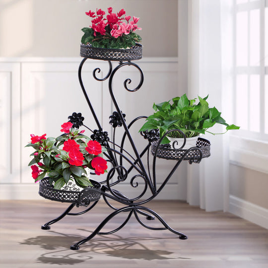 Flower Shape Metal Plant Stand 3 Planter Pot Decor Corner Shelf Black - SC2 id