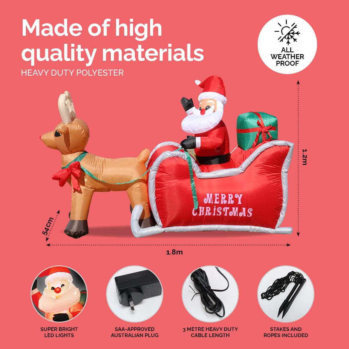 1.2m Self Inflatable LED Santa Sleigh & Rudolph