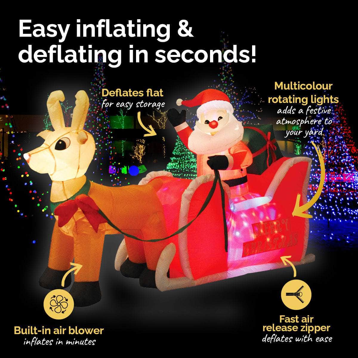 1.2m Self Inflatable LED Santa Sleigh & Rudolph