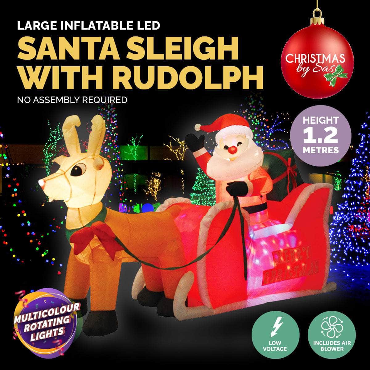 1.2m Self Inflatable LED Santa Sleigh & Rudolph