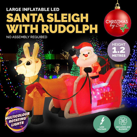 1.2m Self Inflatable LED Santa Sleigh & Rudolph