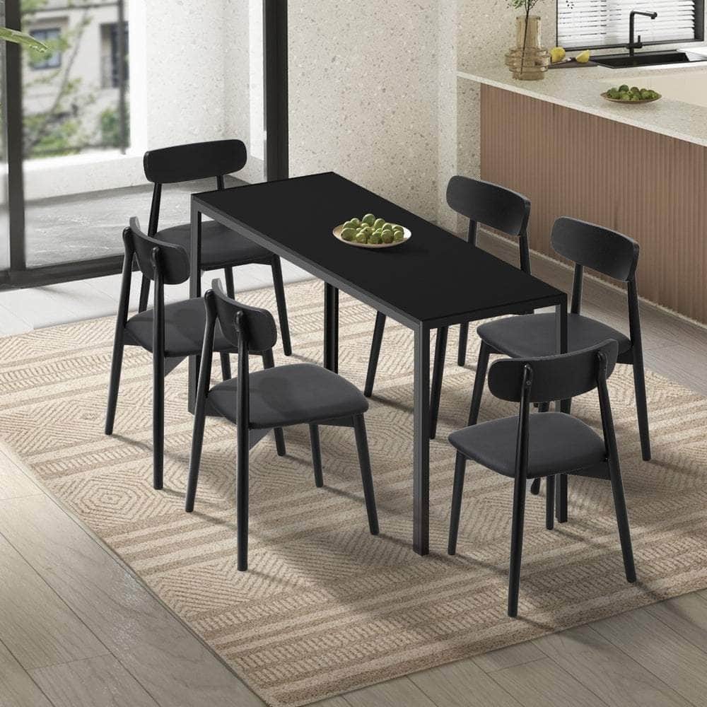 1.4m Dining Table with 6PCS Wooden Chairs Set Black PU Leather for Kitchen