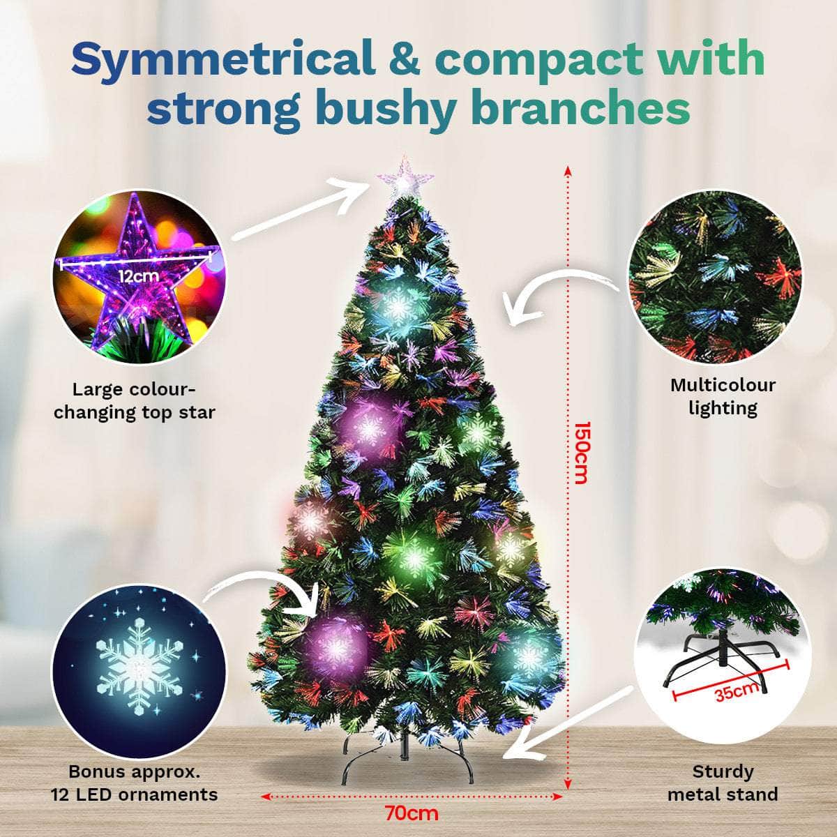 1.5m Fibre Optic/LED Christmas Tree 165 Tips Multicolour Star & Ornaments