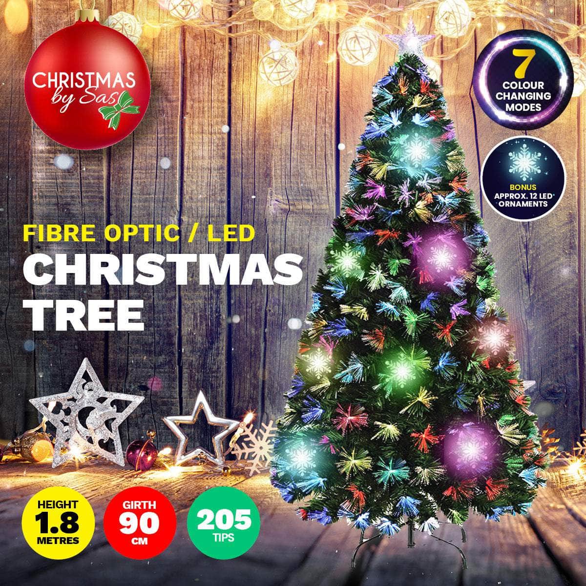 1.8m Fibre Optic/LED Christmas Tree 210 Tips Multicolour Star & Ornaments