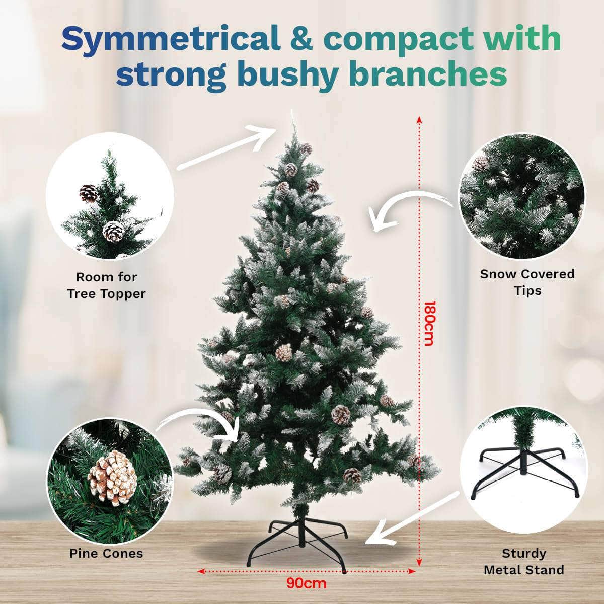 1.8m Full Figured Tree Snow Covered Tips & Pine Cones