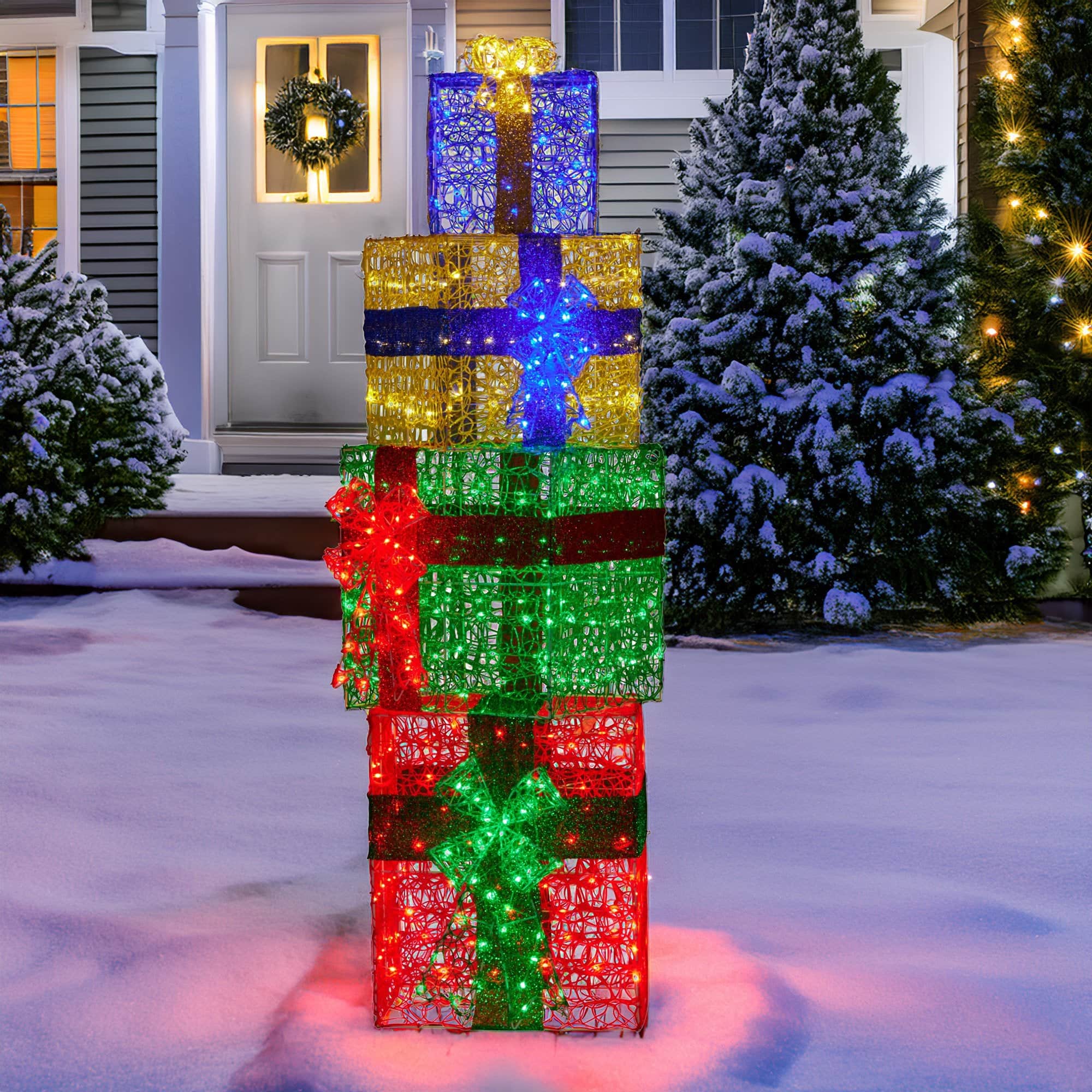 1.9m Christmas 4-Piece Gift Stack LED Lights Bows Indoor Outdoor Front Lawn Yard D