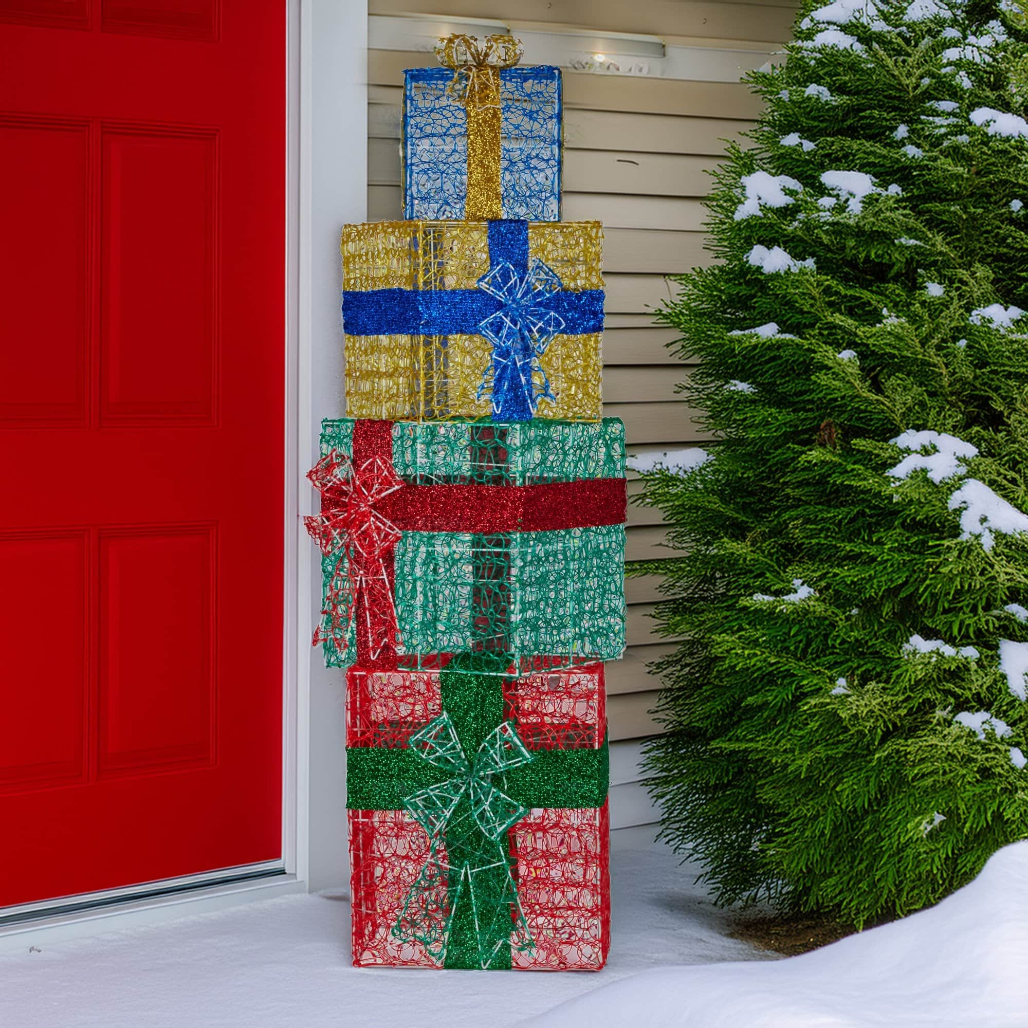 1.9m Christmas 4-Piece Gift Stack LED Lights Bows Indoor Outdoor Front Lawn Yard D