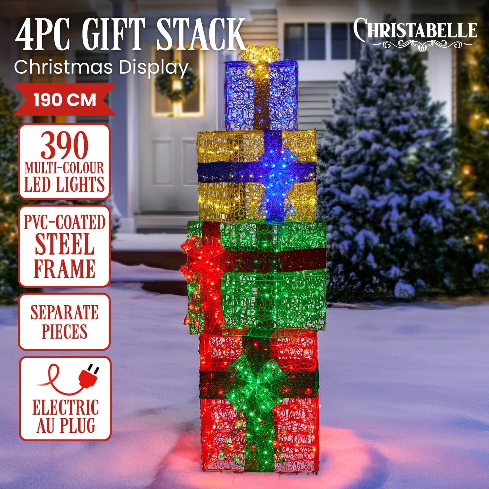 1.9m Christmas 4-Piece Gift Stack LED Lights Bows Indoor Outdoor Front Lawn Yard D - photo 8