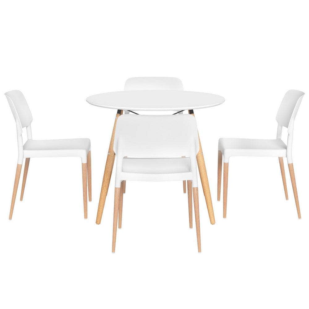 1 Dining Table and 4 Chairs Set Round White
