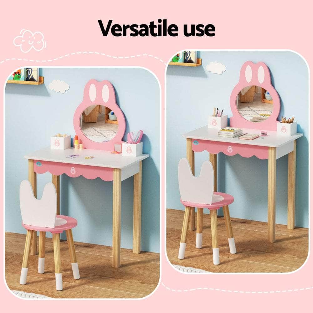 1 Set of Kids Dressing Table Wooden Bunny Pink