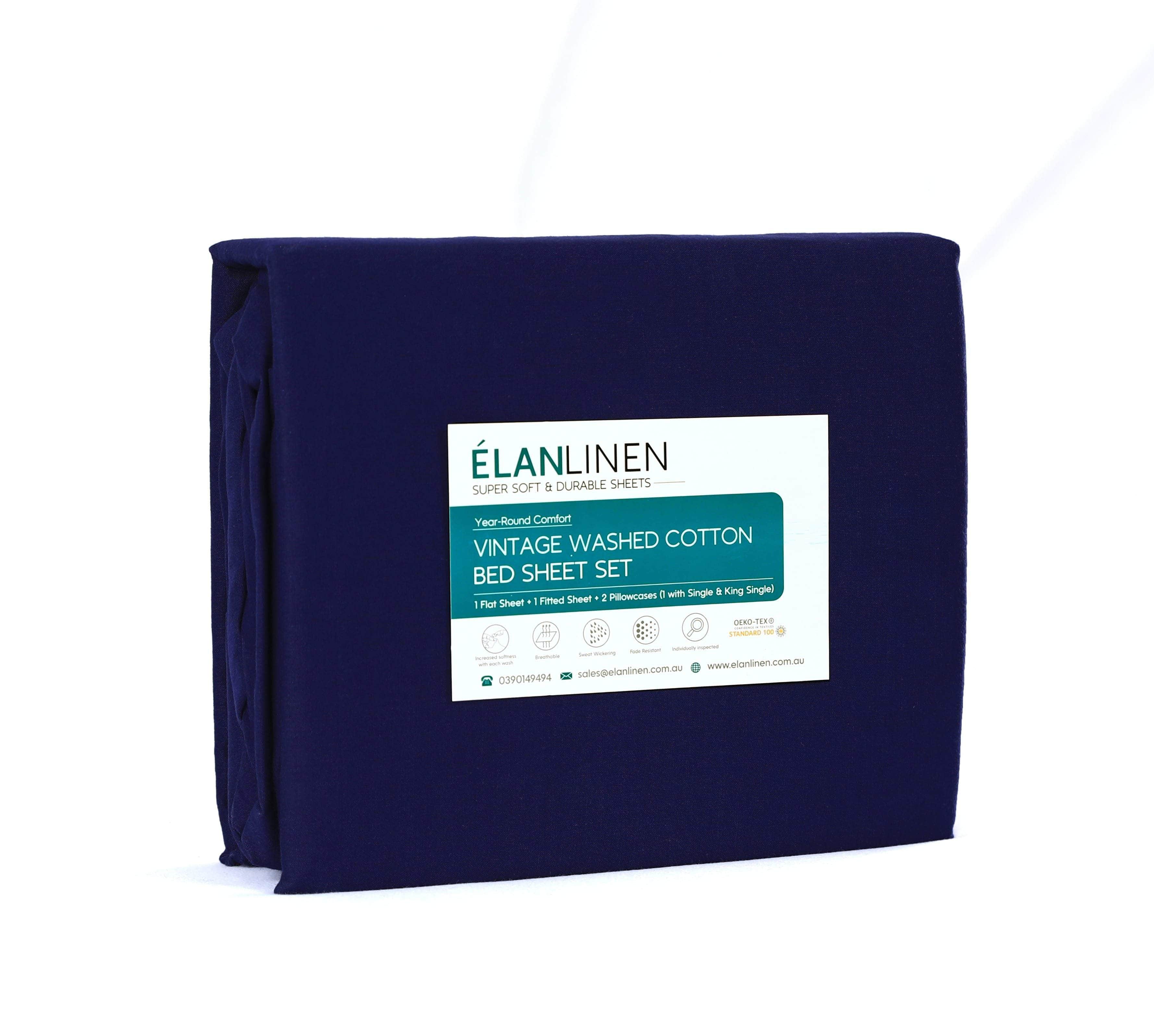 100% Egyptian Cotton Vintage Washed 500Tc Navy Blue Single Bed Sheets Set