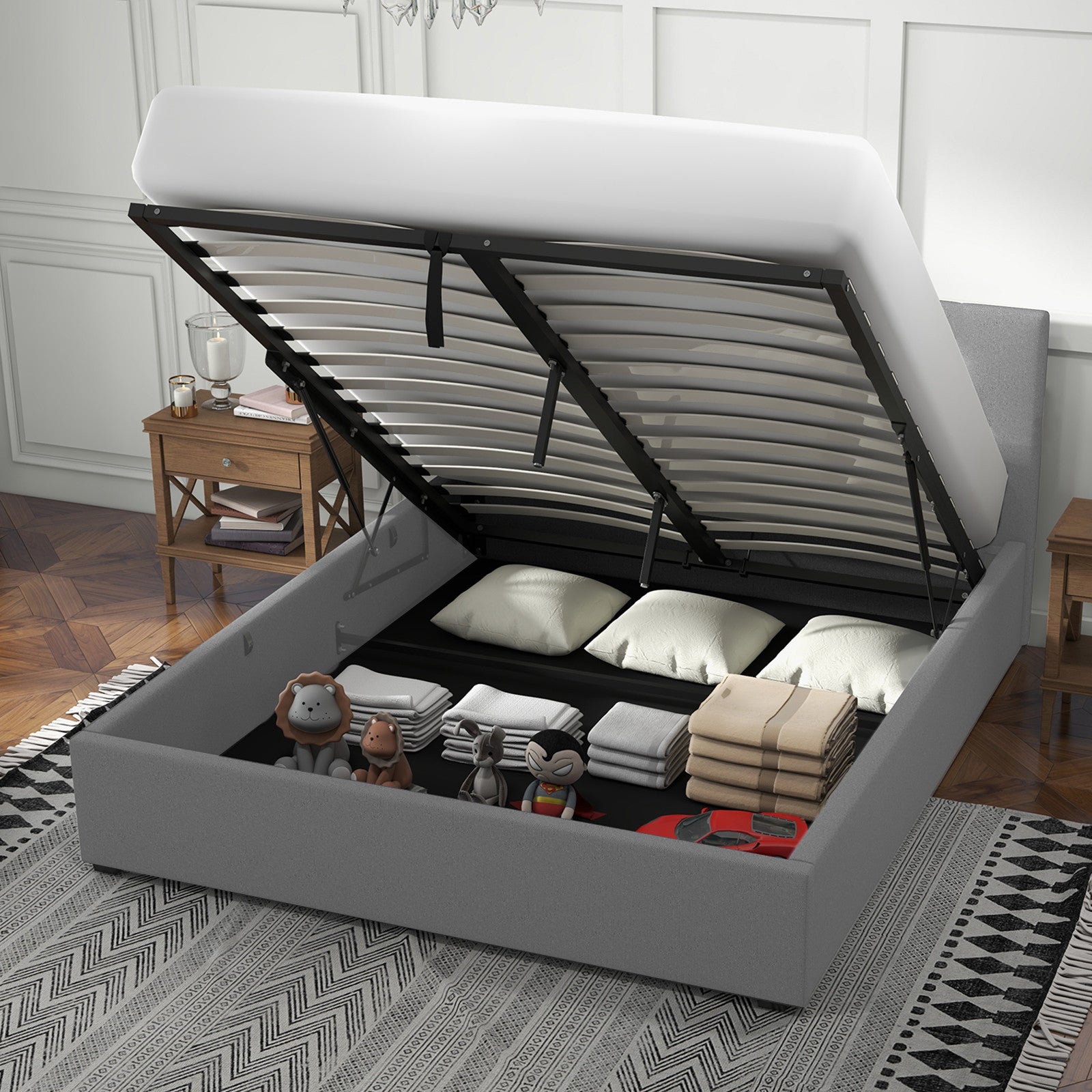 Gas Lift Storage Bed with Headboard Grey Double