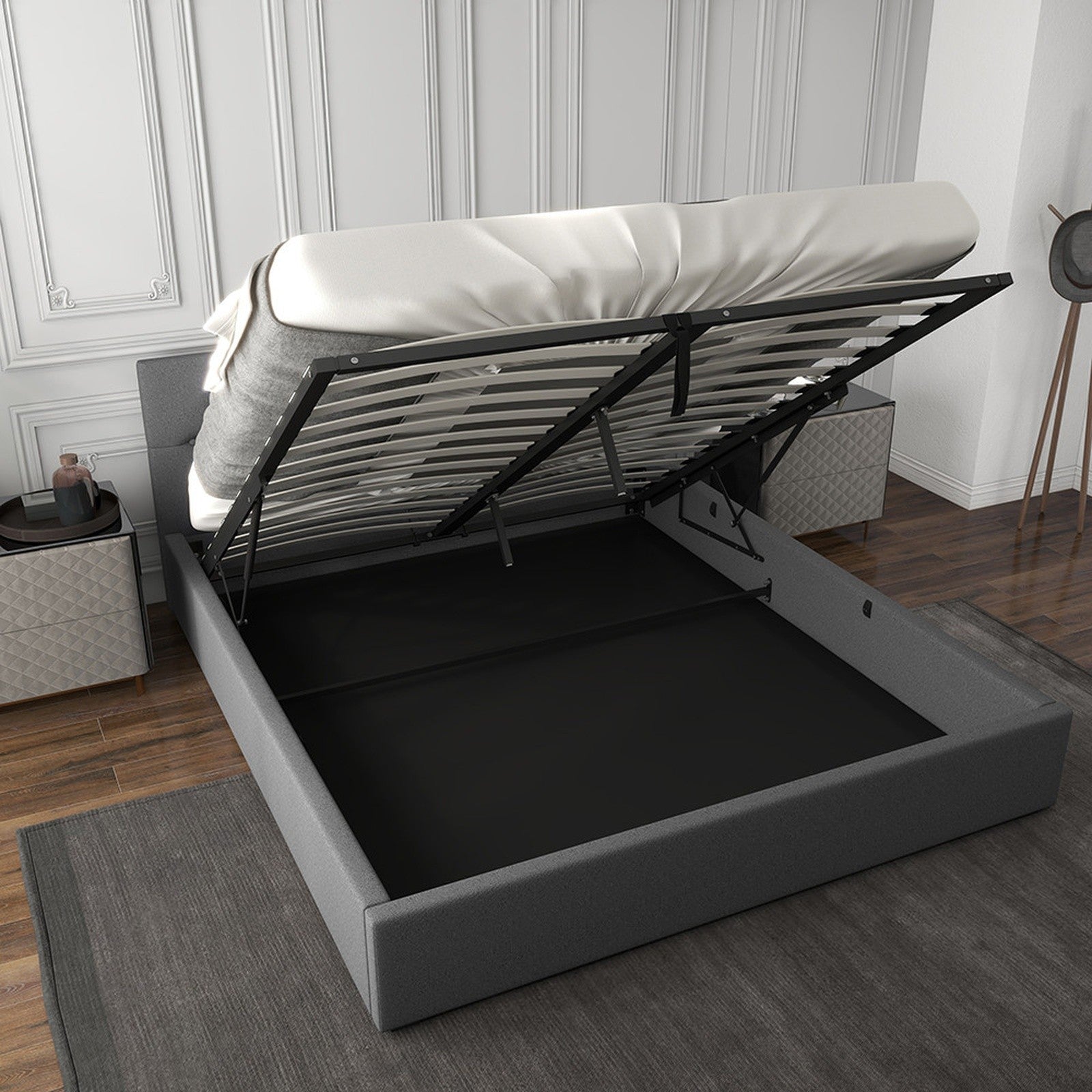 Grey Gas Lift Bed Frame Double 200x102x87.5cm