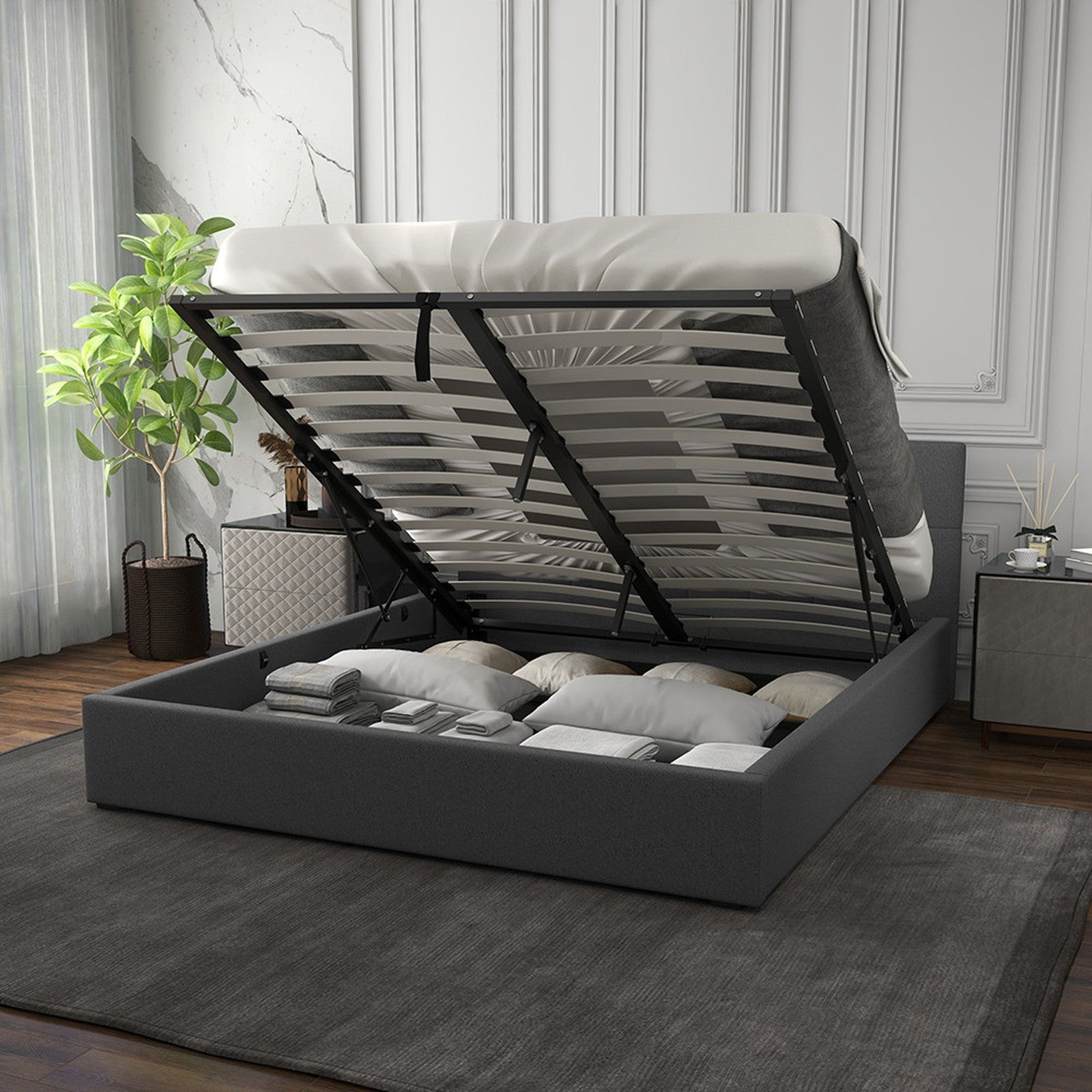 Grey Gas Lift Bed Frame Double 200x102x87.5cm