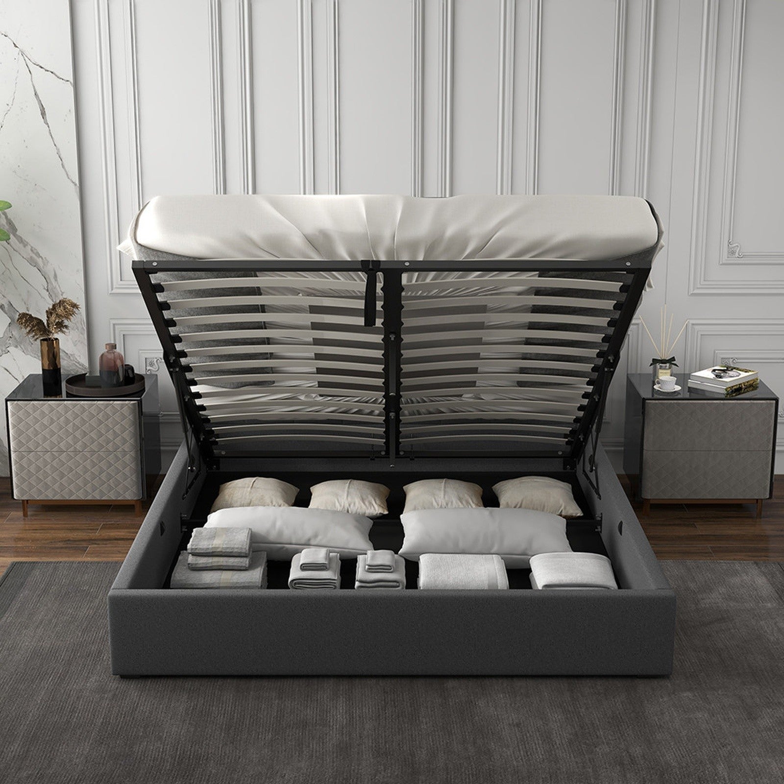 Grey Gas Lift Bed Frame Double 200x102x87.5cm