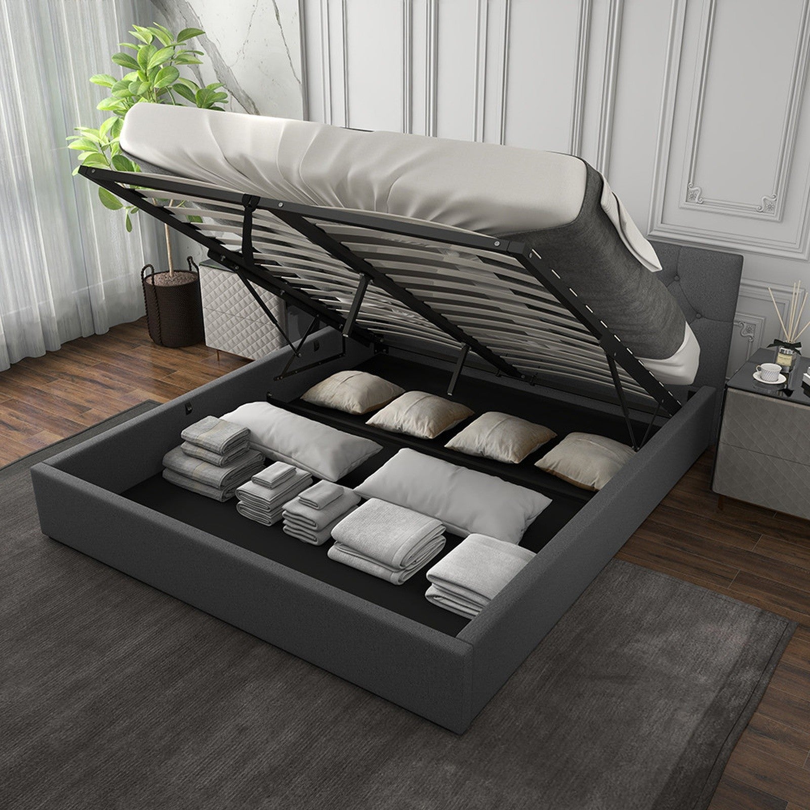 Grey Gas Lift Bed Frame Double 200x102x87.5cm