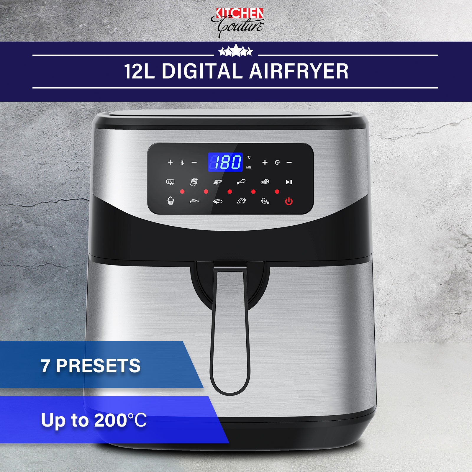 Kitchen Couture 12L Digital Air Fryer Oven Cooker Rotisserie Silver
