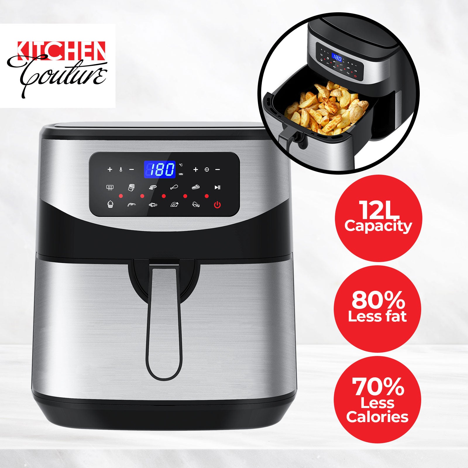 Kitchen Couture 12L Digital Air Fryer Oven Cooker Rotisserie Silver