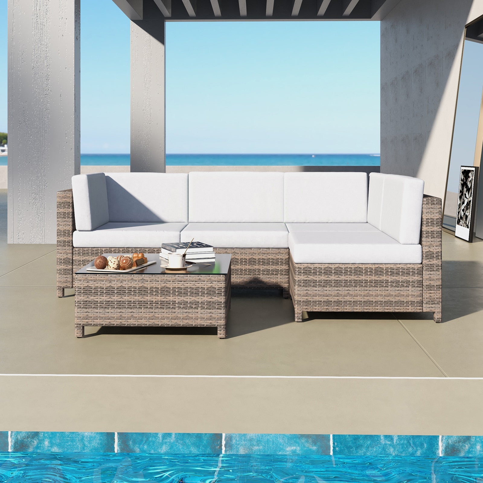 Flexible 5-Piece Oatmeal and Black Rattan Sofa Set
