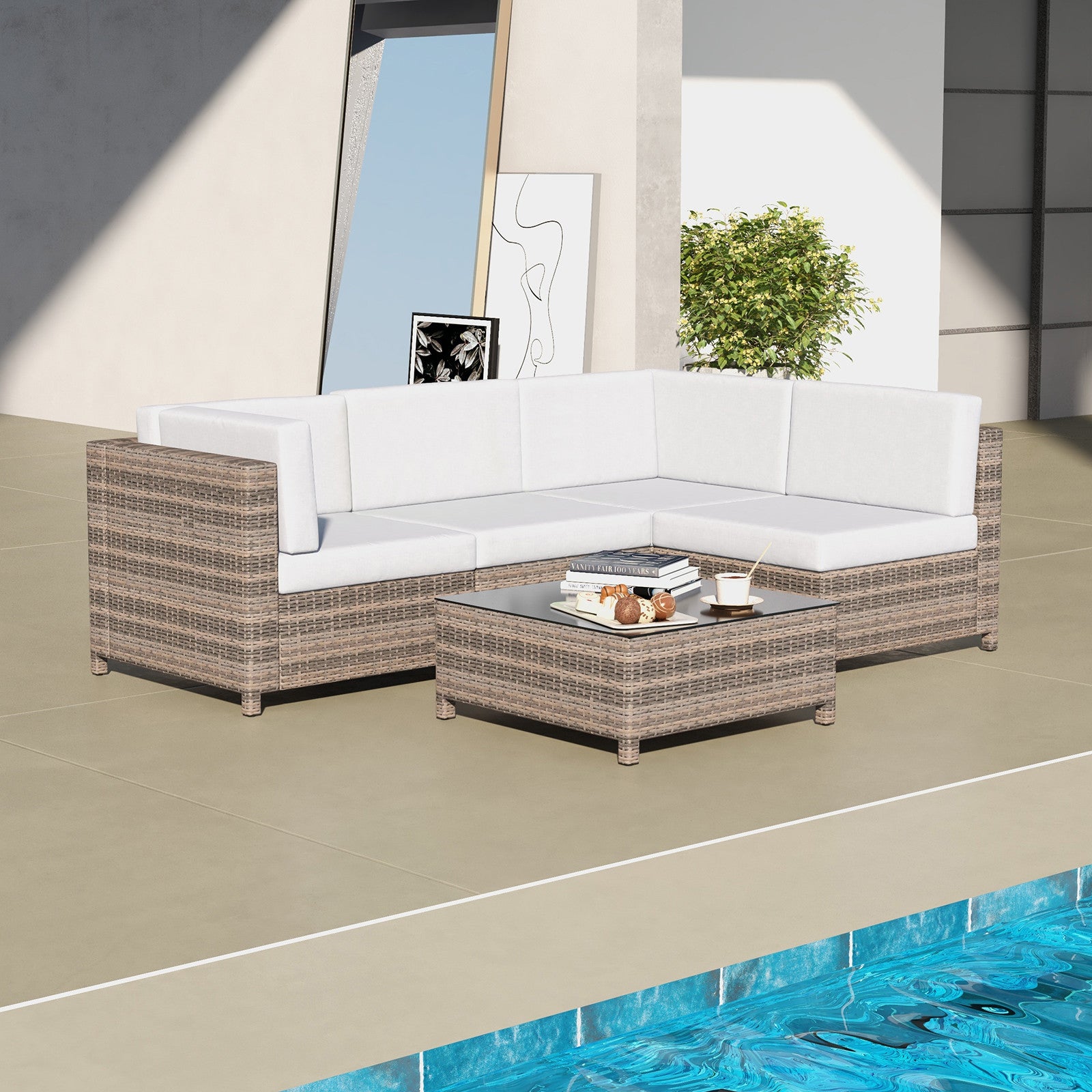 Flexible 5-Piece Oatmeal and Black Rattan Sofa Set