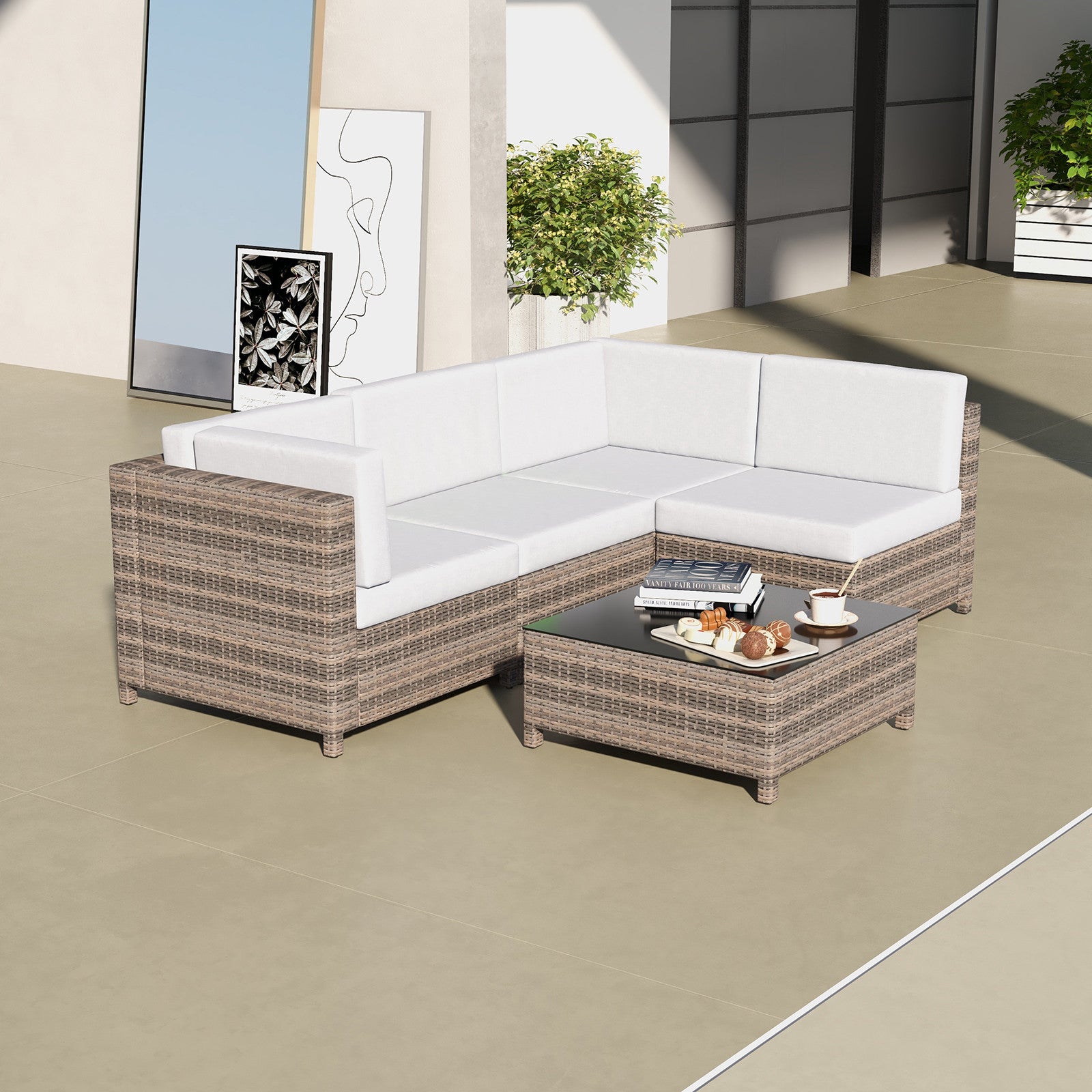 Flexible 5-Piece Oatmeal and Black Rattan Sofa Set