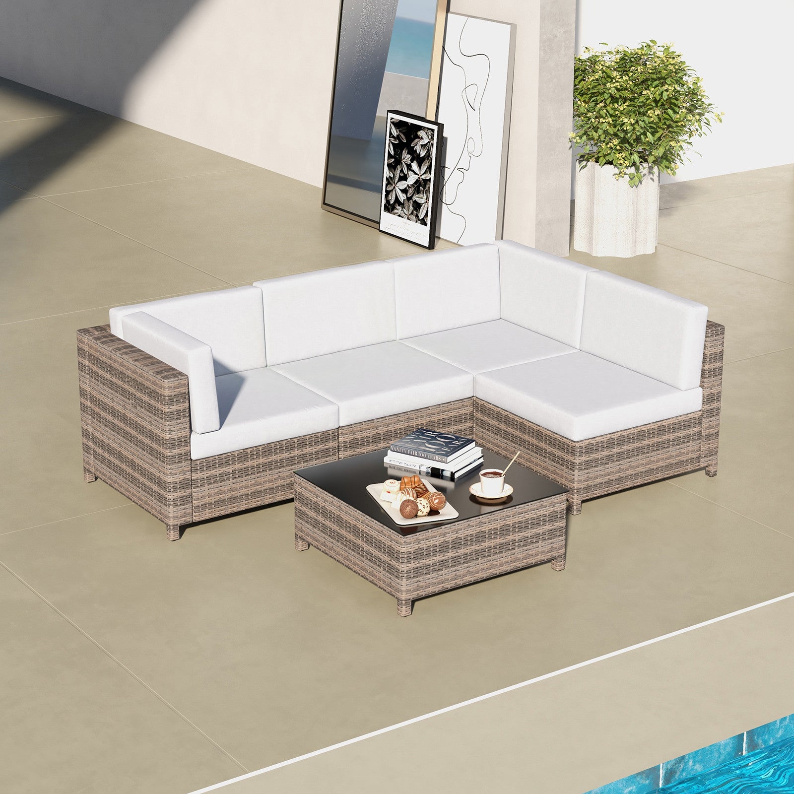 Flexible 5-Piece Oatmeal and Black Rattan Sofa Set