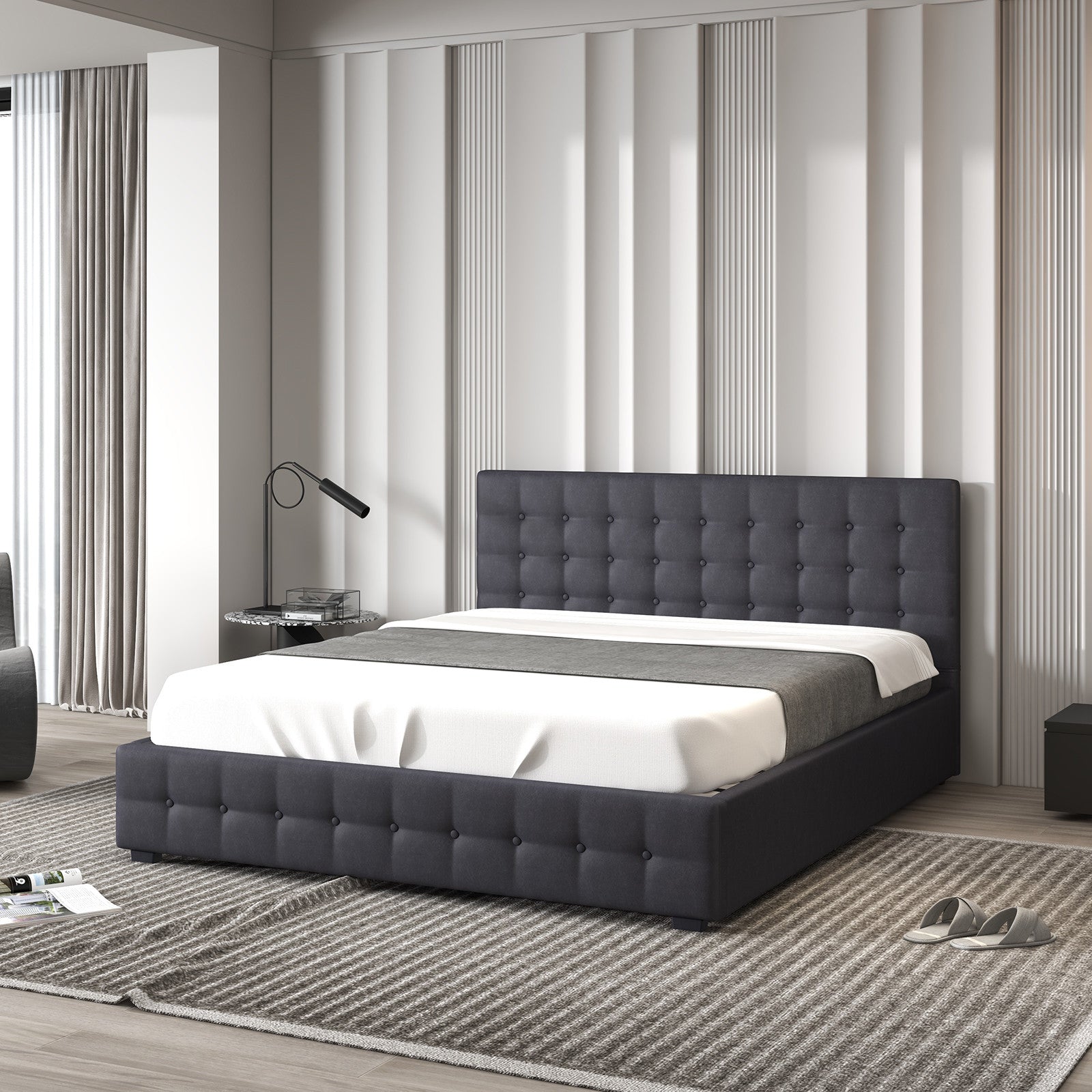 Single Gas Lift Storage Bed Upholstered Bedroom Dark Grey Frame