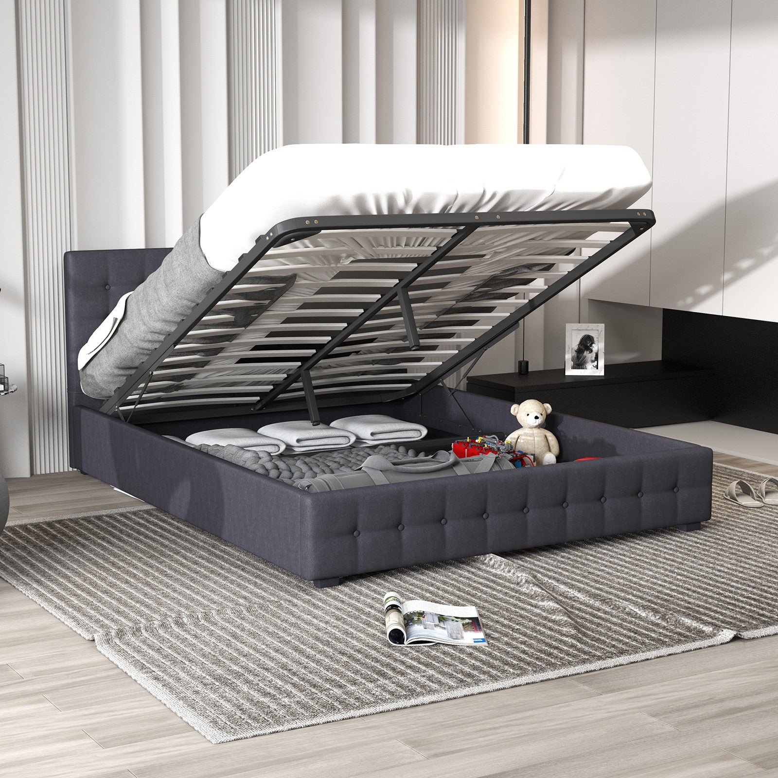 King Size Gas Lift Storage Bed Dark Grey Bedroom Furniture Frame