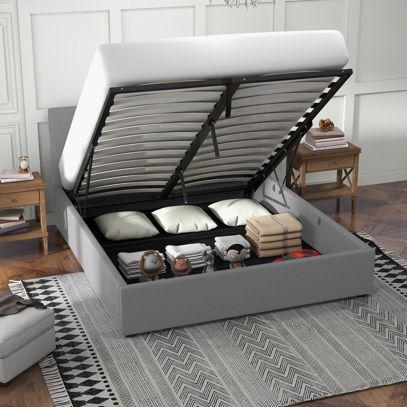 Luxury Gas Lift Storage Bed with Headboard Upholstered Grey King Single