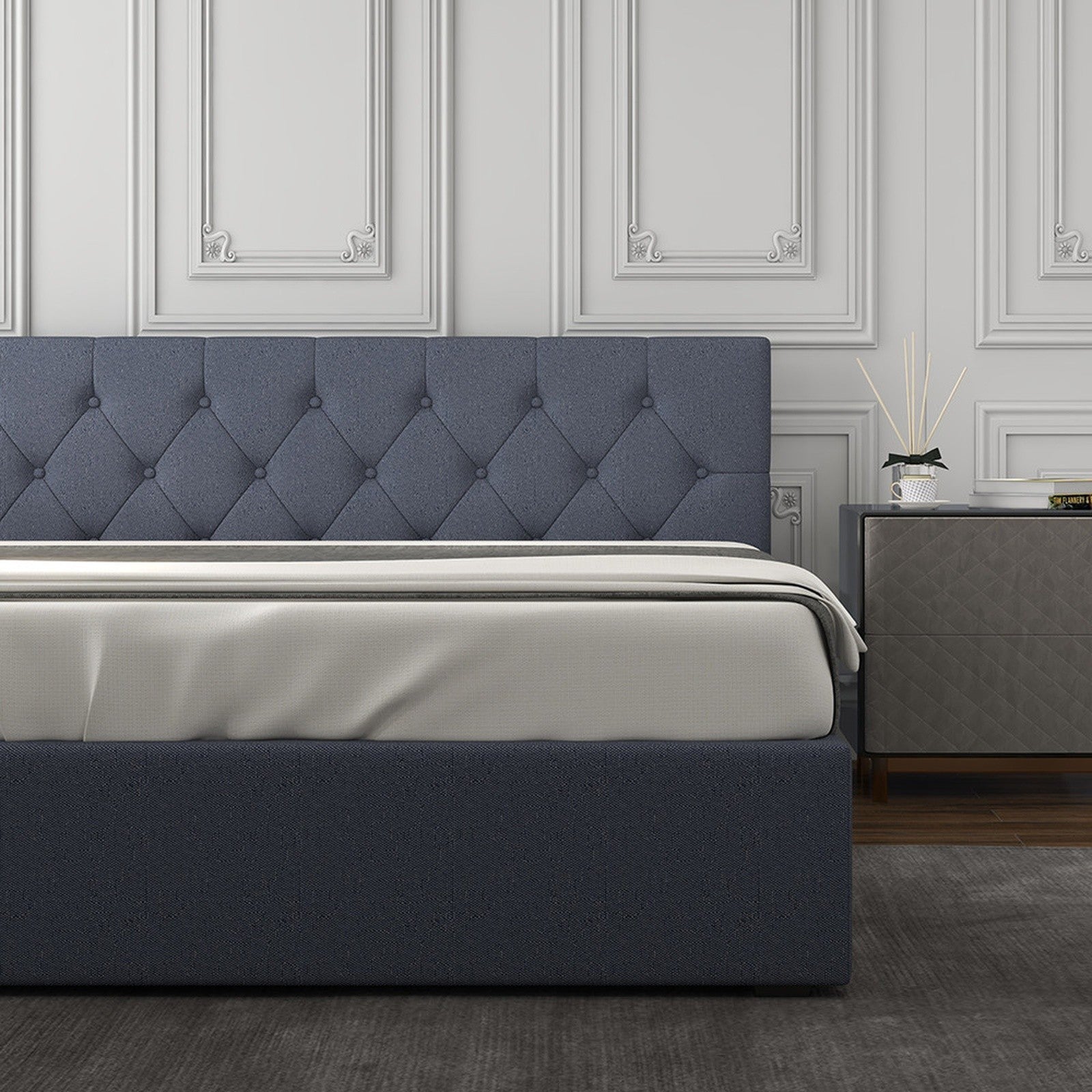 Luxury Gas Lift Storage Bed with Upholstered Headboard Single-Charcoal