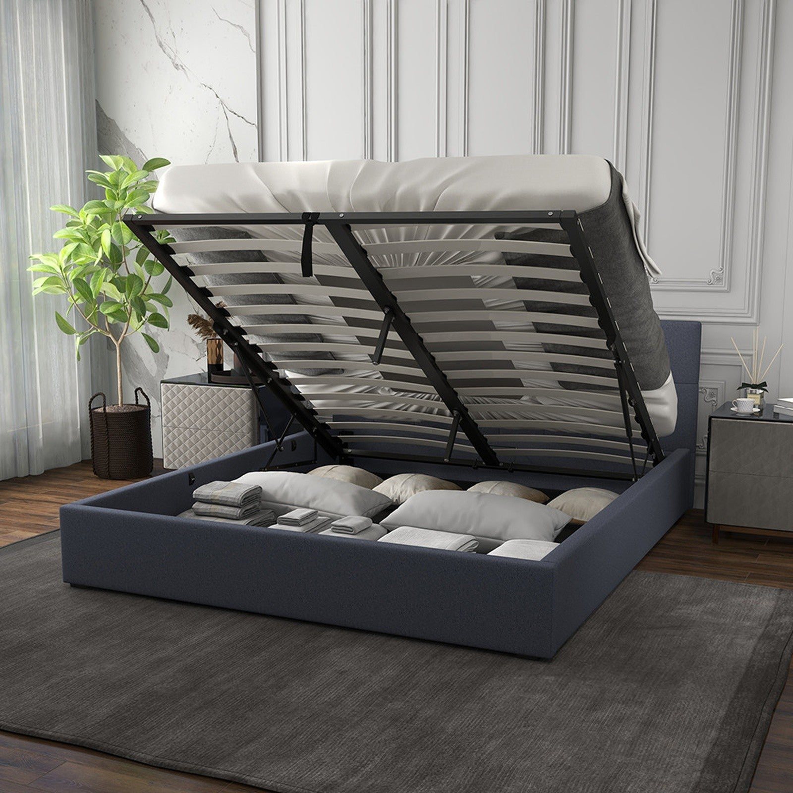 Luxury Gas Lift Storage Bed with Upholstered Headboard Single-Charcoal