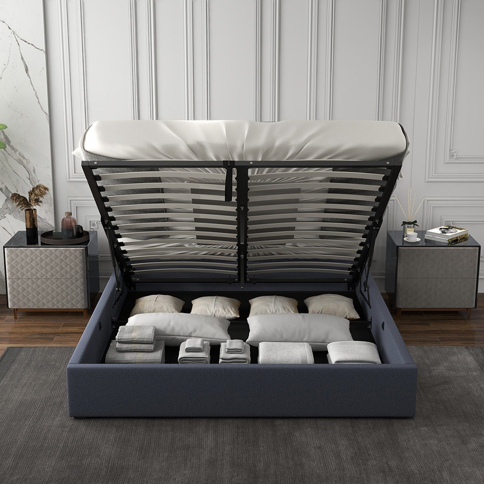 Luxury Gas Lift Storage Bed with Upholstered Headboard Single-Charcoal
