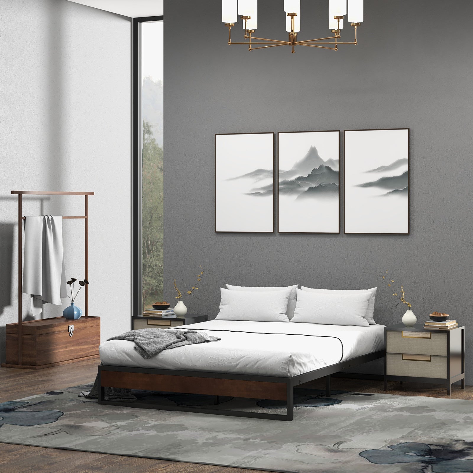 Single Metal and Wood Bed Base With Slatted Support Frame