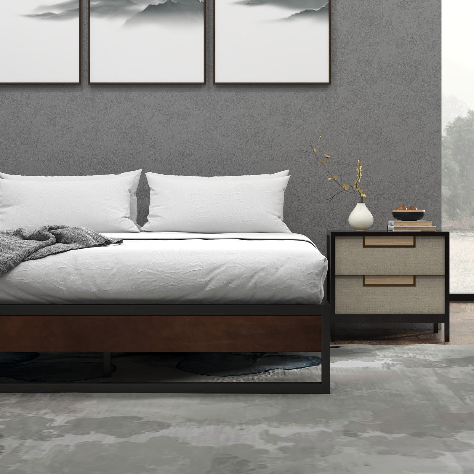 Single Metal and Wood Bed Base With Slatted Support Frame