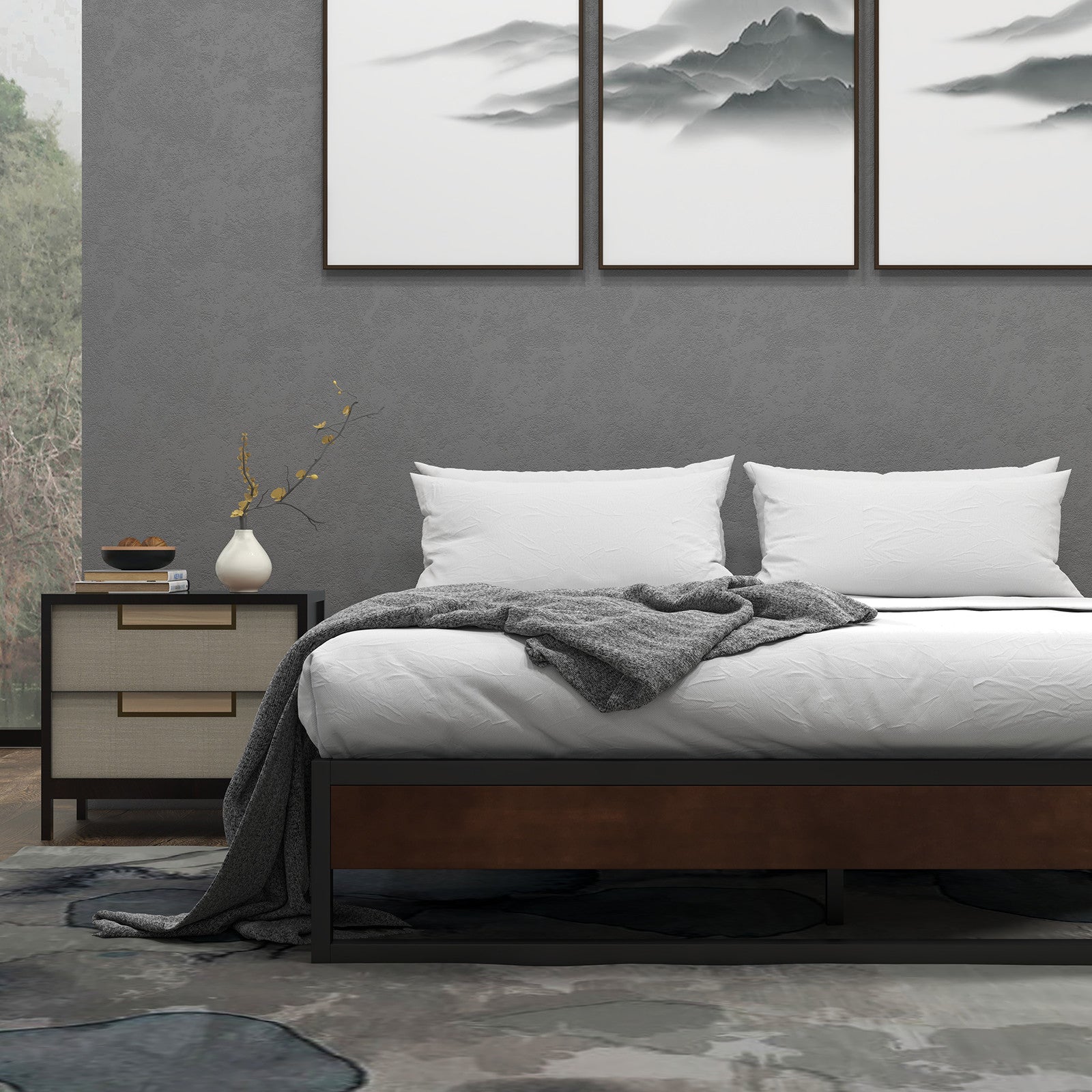 Single Metal and Wood Bed Base With Slatted Support Frame