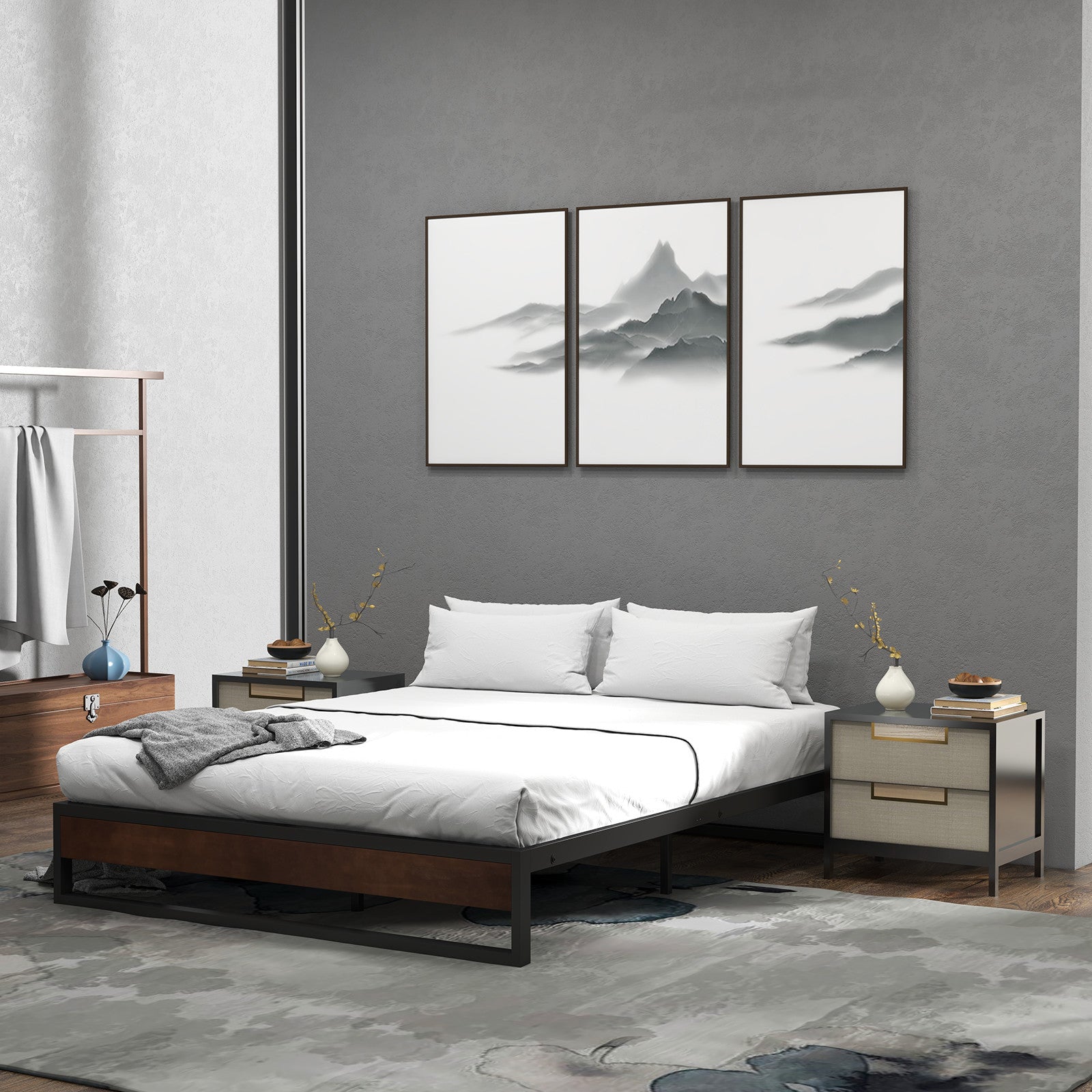 Single Metal and Wood Bed Base With Slatted Support Frame
