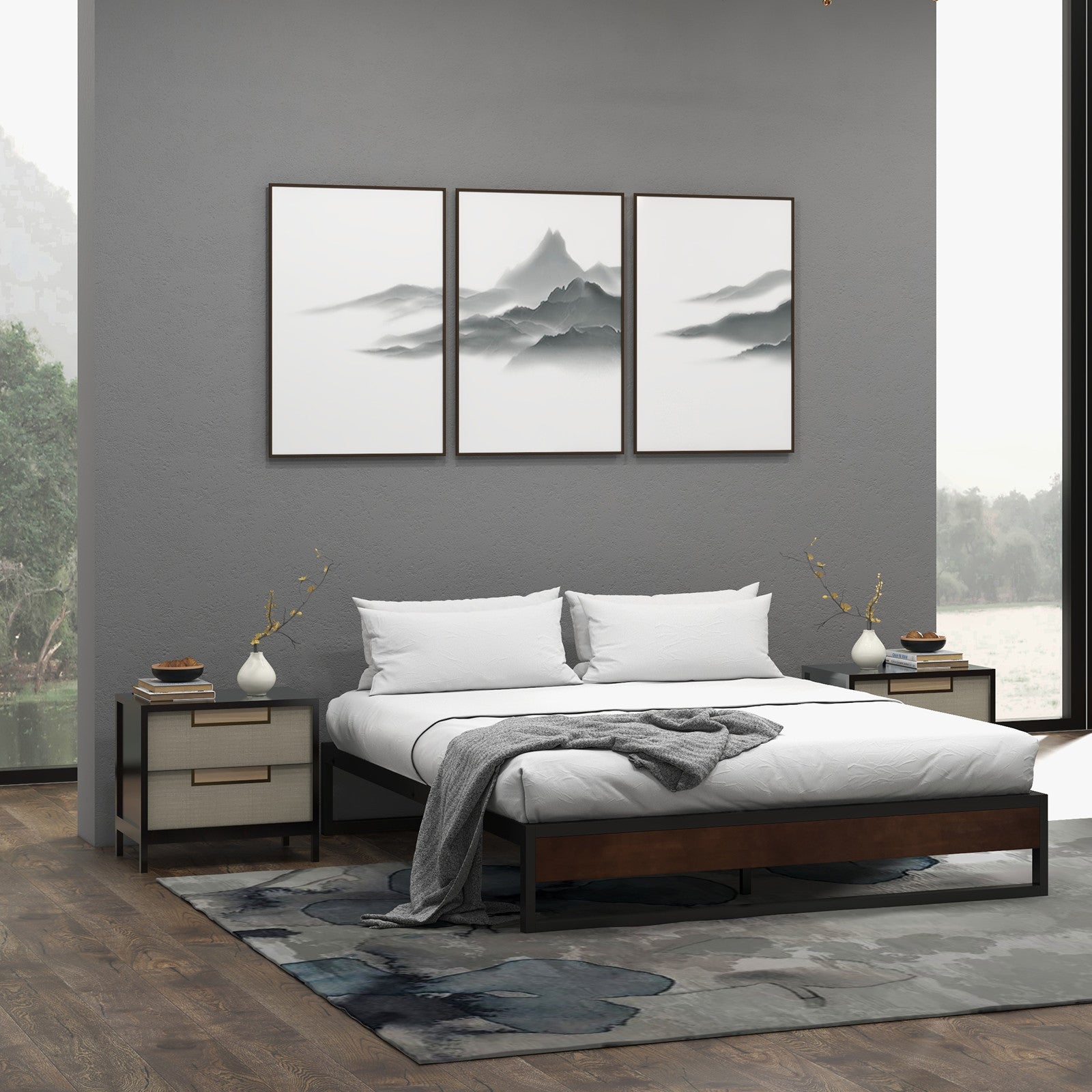 Single Metal and Wood Bed Base With Slatted Support Frame
